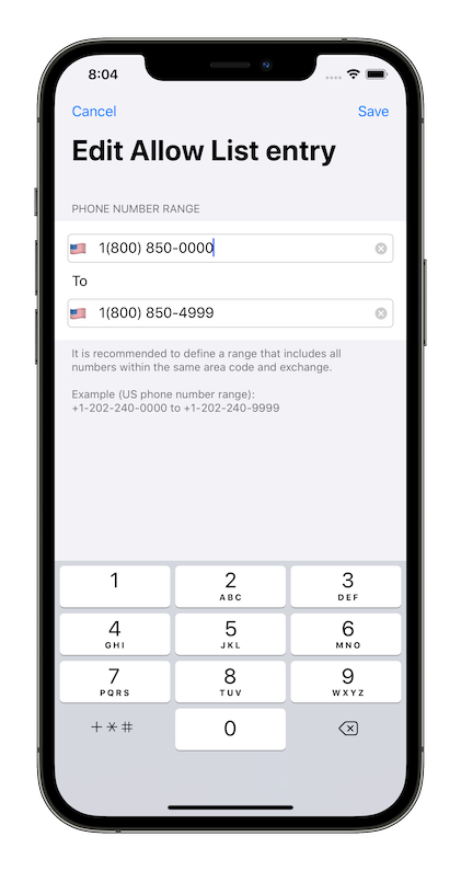Screenshot of the edit allow list range screen on an iPhone 12 Pro Max