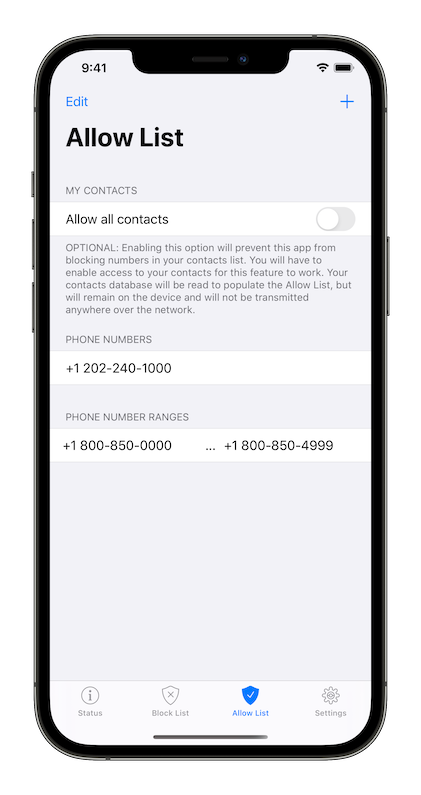 Screenshot of the allow list screen on an iPhone 12 Pro Max