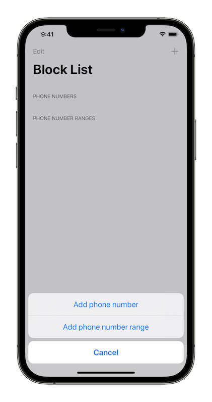 Screenshot of the add block list entry or range popup screen on an iPhone 12 Pro Max