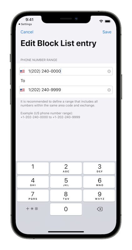 Screenshot of the edit block list range screen on an iPhone 12 Pro Max