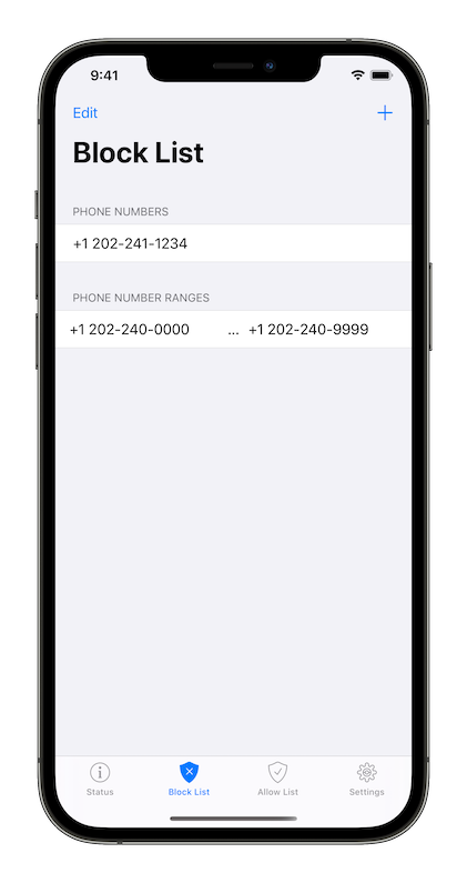 Screenshot of the block list screen on an iPhone 12 Pro Max